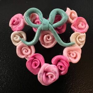 Vintage‎ Pink Rose Heart Brooch Pastel Floral Bow Romantic Valentines Day Love
